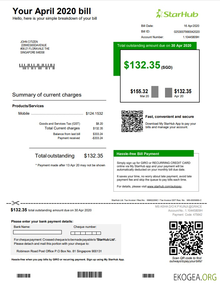 Singapore StarHub utility bill template in Word and PDF format